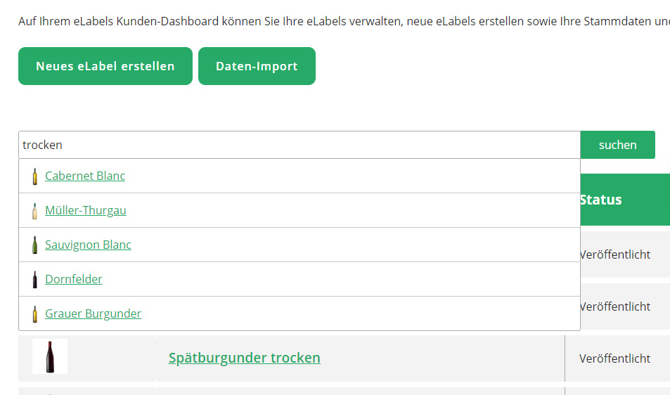 E-Labels für Wein und Sekt Listenübersicht